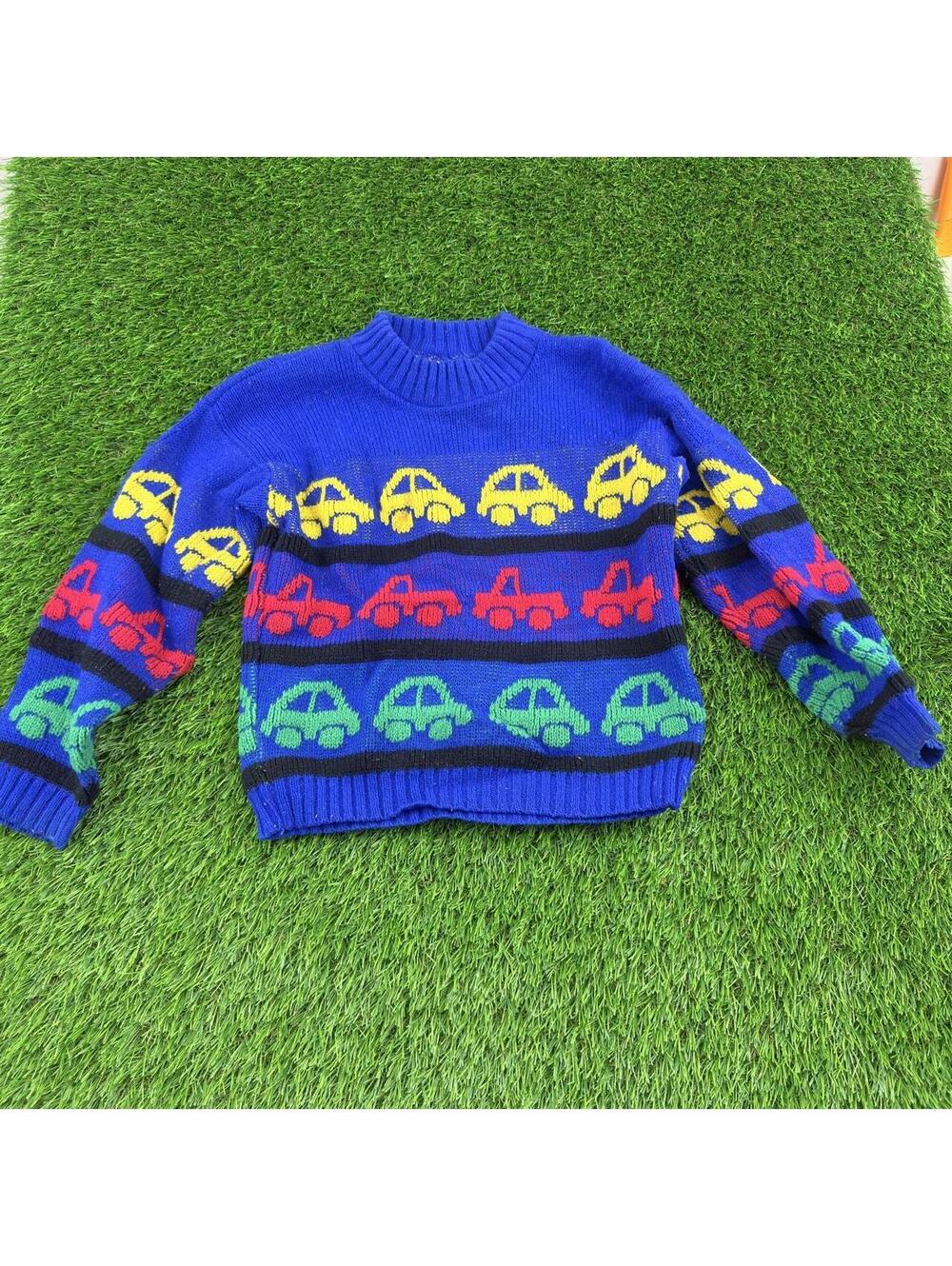 Vintage Little Fun Cars All Over Knit Sweater Blue Made in USA